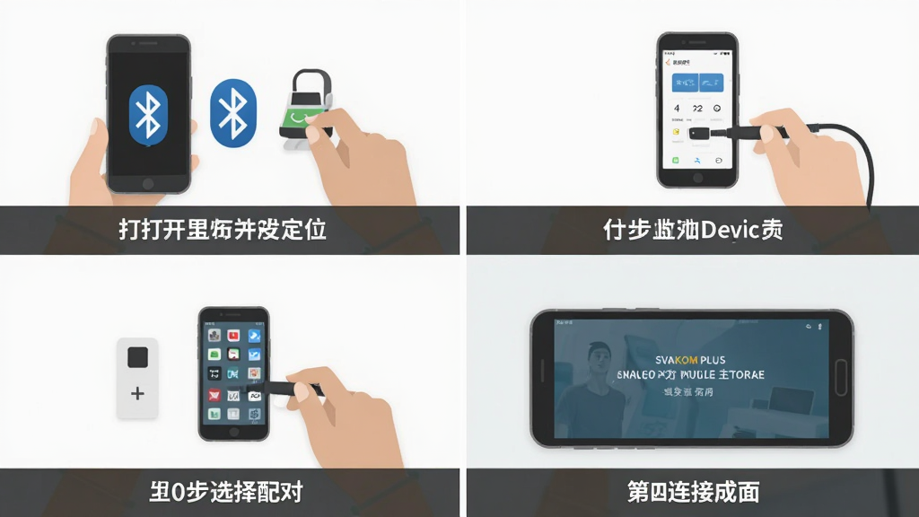 一张SVAKOM PLUS手机操作流程示意图,画面分为四个小图:第一步打开蓝牙和定位,第二步点击添加设备,第三步选择设备进行配对,第四步连接成功显示主界面,整体风格为扁平化教程风格,配以简洁文字标注,画质干净无多余元素