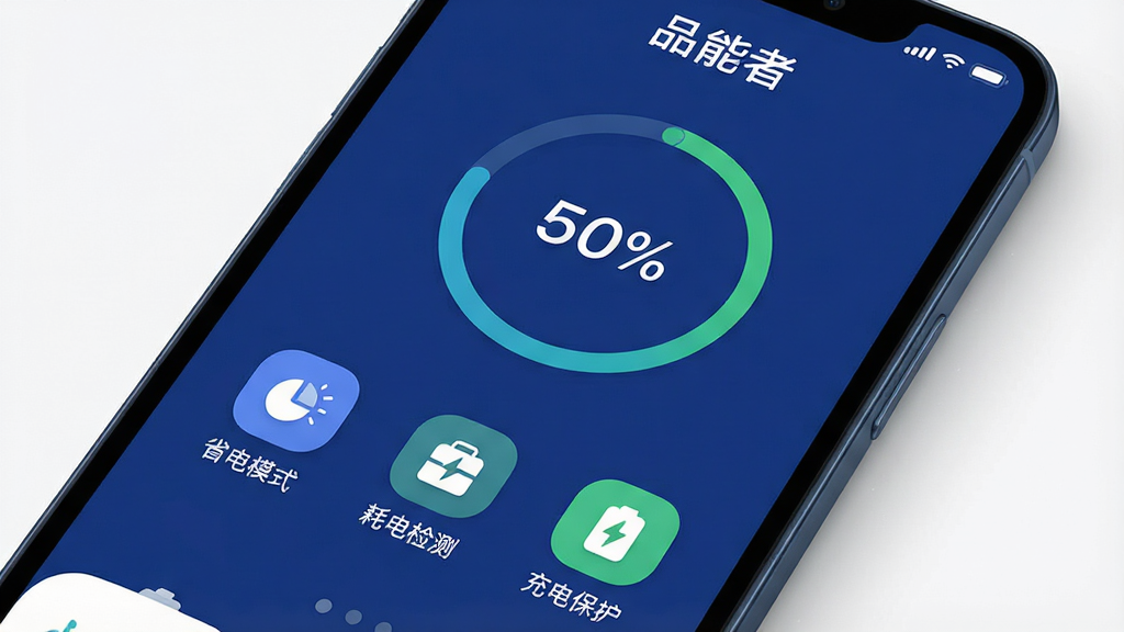一张智能手机屏幕的特写,屏幕中清晰显示“品能者”APP主界面,界面以深蓝色为主色调,中央是一个圆形电池电量环,显示当前电量百分比,下方排列着“省电模式”、“耗电检测”、“充电保护”等功能图标,界面简洁现代,扁平化设计,图标圆润,画质干净,无多余元素。