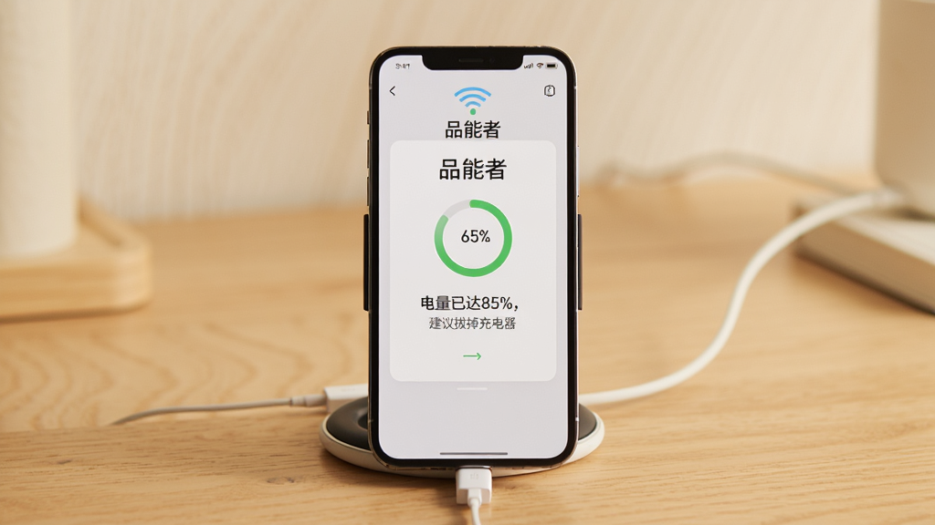 一张示意图,画面中央是一部手机正在无线充电,屏幕上显示“品能者”的充电保护界面,提示“电量已达85%,建议拔掉充电器”,背景是简约的木质桌面,整体色调温暖,画质干净,突出“品能者”品牌字样。