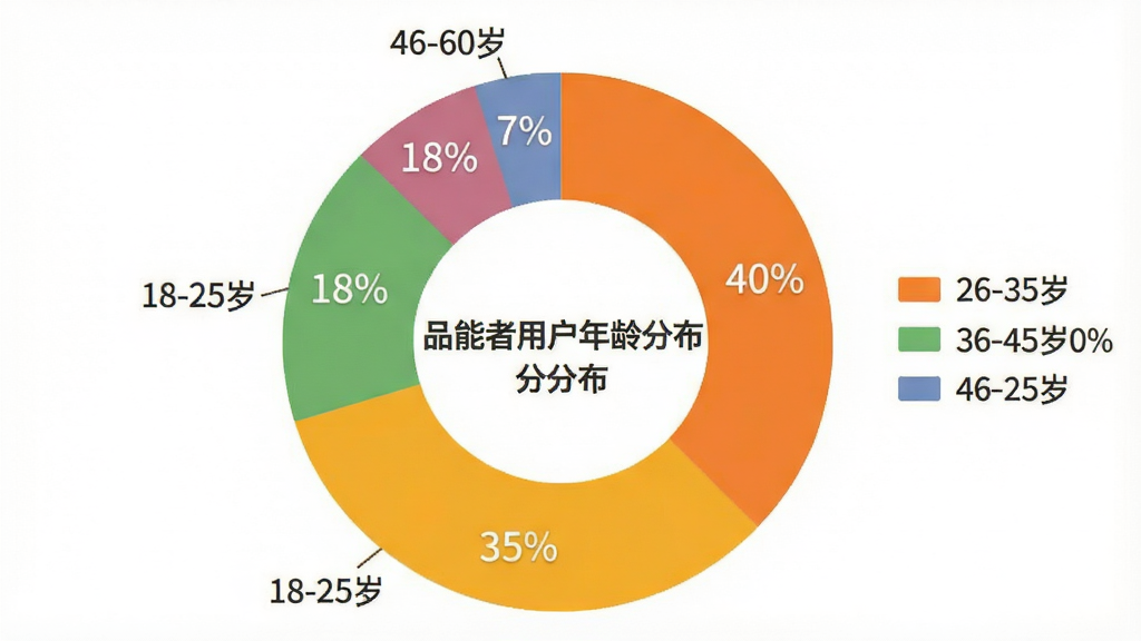 饼状图展示品能者用户年龄段分布,图表中心有“品能者用户年龄分布”标题,图例显示18-25岁占35%,26-35岁占40%,36-45岁占18%,46-60岁占7%,每个扇区颜色不同,图表背景为白色,数据清晰,扁平化设计,画质干净。