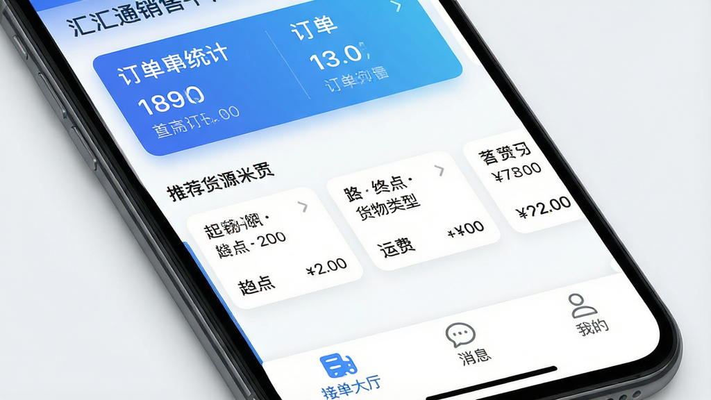 一张智能手机屏幕特写,屏幕中显示“汇汇通货运销售平台司机端”的主界面,布局清晰,上方有蓝色渐变背景的订单统计卡片,中部为横向滚动的推荐货源列表,每个货源卡片显示起点、终点、货物类型和运费金额,底部有清晰的“接单大厅”、“消息”、“我的”三个标签栏,整体UI设计现代简洁,蓝白主色调,图标圆润,画质高清,干净无多余元素