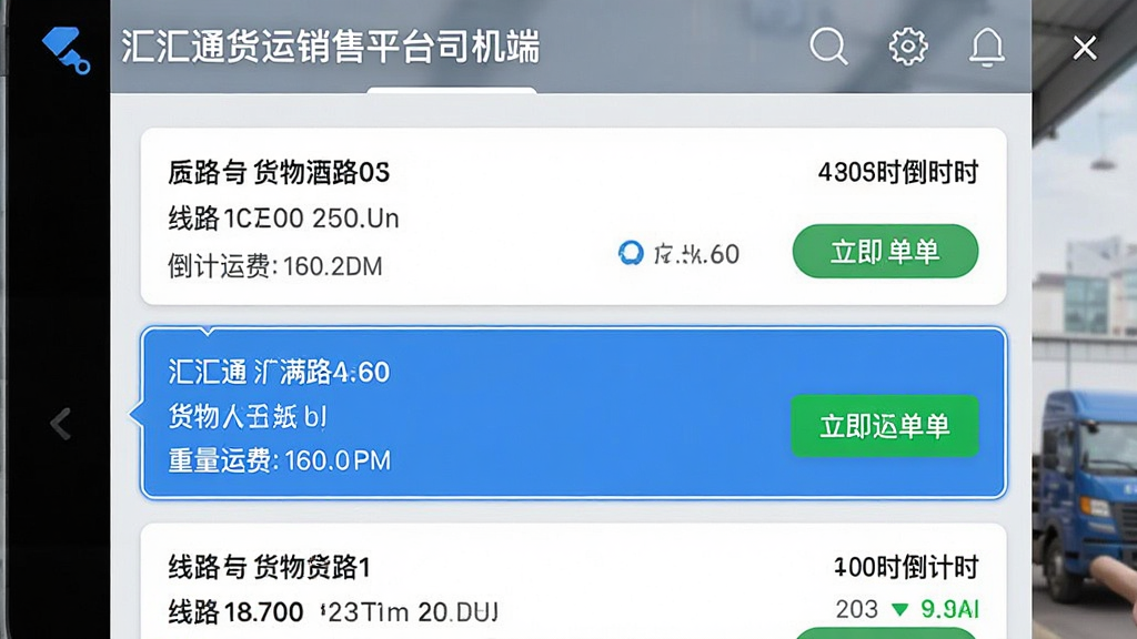 一幅展示“汇汇通货运销售平台司机端”抢单界面的高清截图,列表中有多条货源信息卡片,每条卡片清晰显示线路、货物、重量、运费及倒计时,其中一条被高亮选中,并带有“立即抢单”的绿色按钮,背景为淡灰色,界面风格扁平化,信息层级分明,色彩鲜明,画质清晰干净