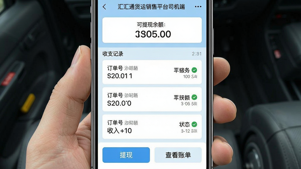 一张展示“汇汇通货运销售平台司机端”财务明细页面的手机截图,页面顶部显示可提现余额,中间是按时间排列的收支记录,每条记录包含订单号、收入金额和状态图标,底部有醒目的“提现”按钮和“查看账单”按钮,整体背景为浅蓝色,数据以卡片形式呈现,数字清晰易读,画质干净整洁
