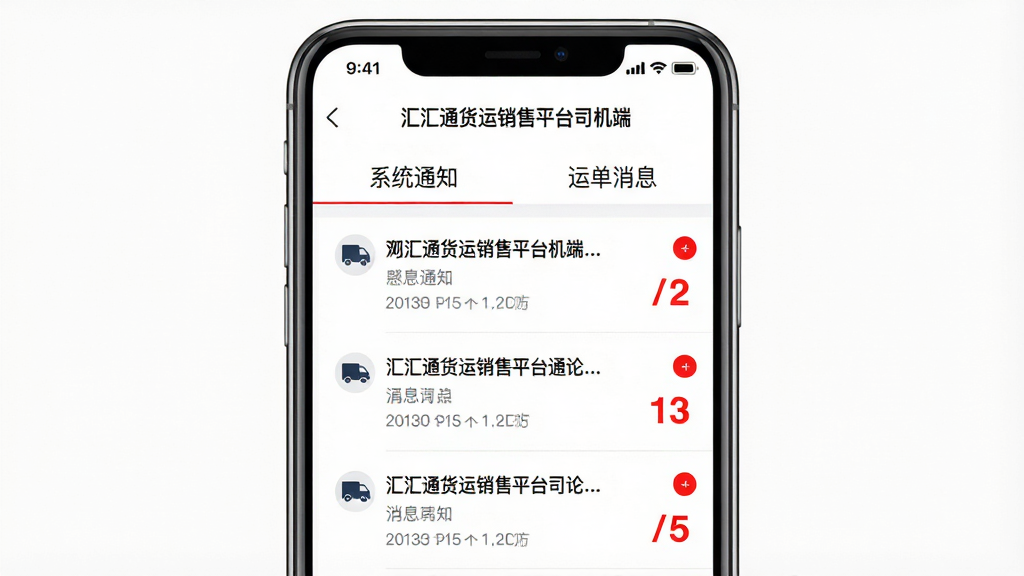 一张展示“汇汇通货运销售平台司机端”消息通知界面的手机截图,界面顶部有“系统通知”和“运单消息”两个分类标签,下方为几条通知列表,并配有未读红点,背景为白色,红色数字醒目,界面简洁风格统一,画质高清