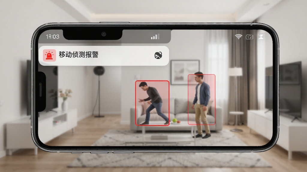 手机监控看家超清应用展示智能侦测功能界面,画面为室内场景,有红色框标记移动物体,手机收到报警通知,界面简洁,通知栏显示“移动侦测报警”,风格现代,画质干净无多余元素