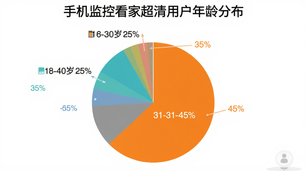 用户年龄分布饼状图,图中显示18-30岁占35%,31-45岁占45%,46-60岁占20%,标题为“手机监控看家超清用户年龄分布”,风格简洁,色彩鲜明,画质干净无多余元素