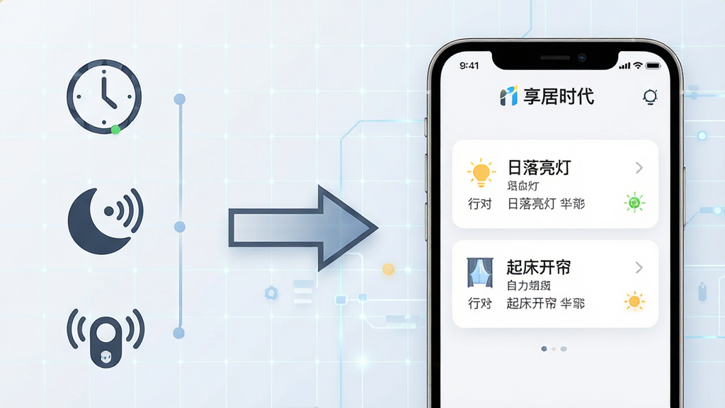 一张展示智能家居自动化流程的示意图,左侧是时间/传感器图标,中间箭头指向右侧的“享居时代”手机界面,界面上显示“日落亮灯”和“起床开帘”两条自动化规则,背景是浅色科技感网格,构图清晰,风格简约现代,细节精致,画质干净,无多余元素