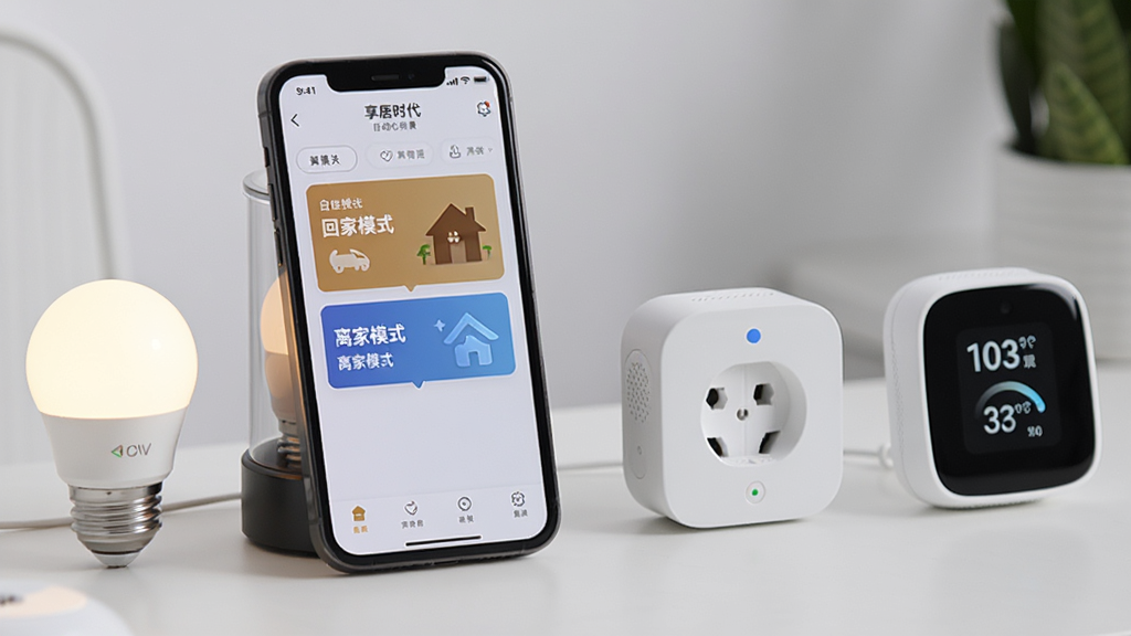 一部手机放在智能家居控制中心旁边,屏幕上显示“享居时代”App的自动化场景编辑页面,有“回家模式”和“离家模式”卡片,手机周围有智能灯泡、智能插座、温湿度计等设备,构图清晰,风格实拍感,细节丰富,画质干净,无多余元素