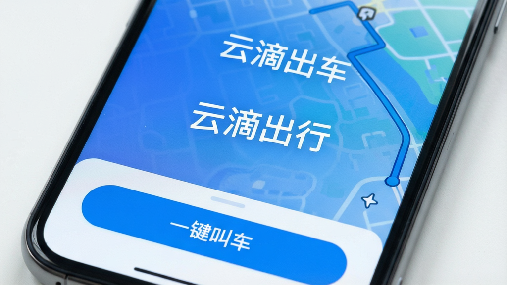 一张手机屏幕的特写,手机屏幕正中间显示着App名称“云滴出行”,界面风格简洁清爽,以蓝白渐变为主色调,地图路线清晰可见,底部有“一键叫车”的醒目按钮,画面干净明亮,突出专业出行服务的可靠感,整体布局规整,画质干净无多余元素。