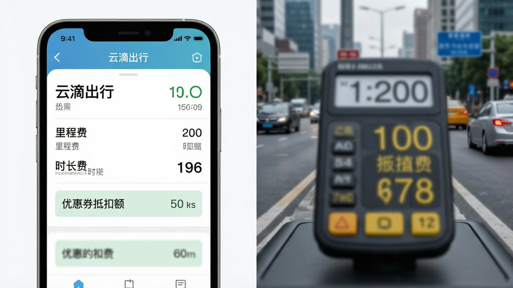 一张对比图风格的画面,左边是“云滴出行”App清晰的费用预估明细界面,包含里程费、时长费和优惠券抵扣金额,右边是一个模糊的计价器模型,背景是城市道路,强调透明公正的计价理念,布局平衡,风格写实干净,画质高清无多余元素。