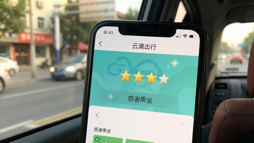 一张手机截图风格的图片,显示“云滴出行”App的行程结束评价页面,页面上有五星好评的标识和“感谢乘坐”的文字,背景是模糊的车窗外街景,画面温馨,布局简洁,风格自然,画质干净无多余元素。