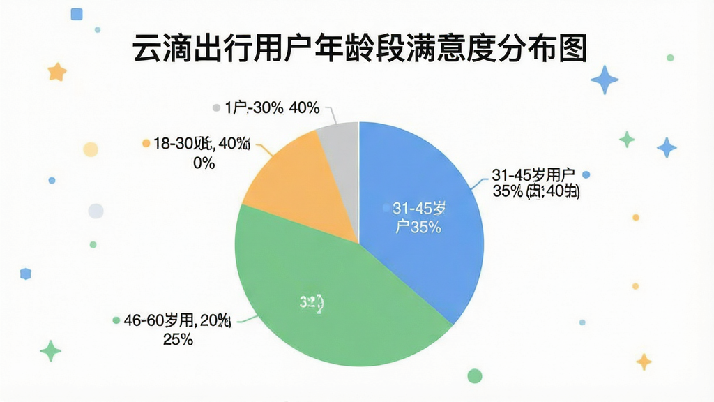 一张数据统计图风格的图片,标题为“云滴出行用户年龄段满意度分布图”,下方是一个饼状图,显示18-30岁用户占比40%,31-45岁用户占比35%,46-60岁用户占比25%,图表背景简洁,颜色清新,数据展示直观,排版清晰,画质干净无多余元素。