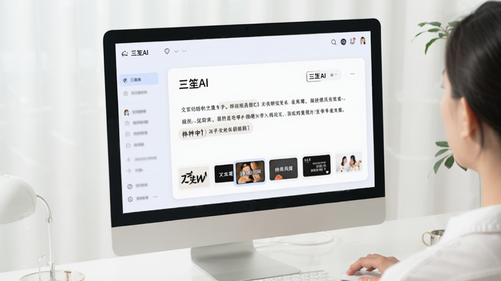 电脑屏幕前,用户使用“三笙AI”生成文案,界面显示多种风格选项,背景简约,画面明亮,画质清晰