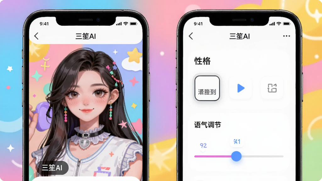 手机界面展示“三笙AI”角色设置页面,有性格选项和语气调节滑块,背景多彩,风格活泼,画质干净