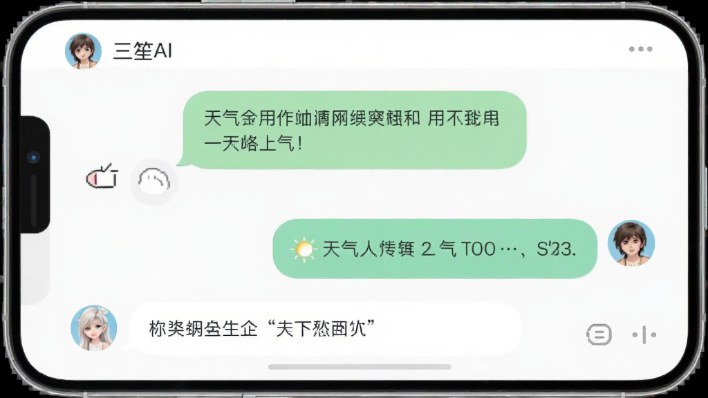 用户与“三笙AI”的对话截图,气泡内有关于天气的问答,界面圆润,色调柔和,画质干净