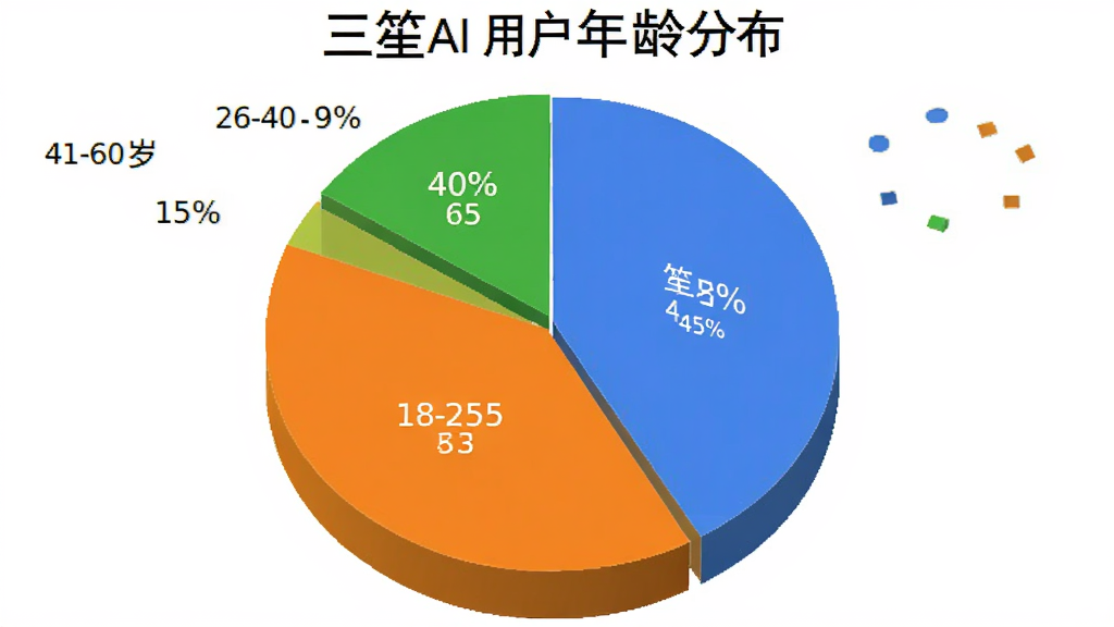 饼状图显示三笙AI用户年龄分布:18-25岁占45%,26-40岁占40%,41-60岁占15%,色彩鲜明,画质清晰