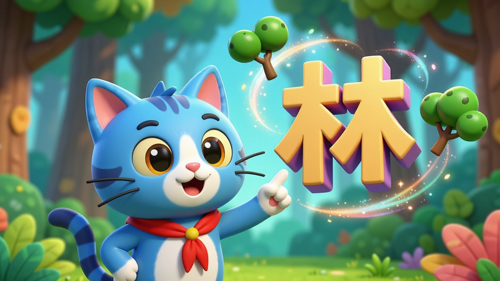��ɫ�ʰ�쵵Ŀ�ͨɭ�ֱ����У�һֻ���ź��������ɫè����ʦ����ָ��Ư���ڿ��е����庺�֡��֡���������Χ�ж�̬�Ĺ�Ч�����ô��̵�С���綯�����������3D��ͨ��Ⱦ��񣬹�ͼ���У�ɫ��������ã����ʸ����޶���Ԫ��