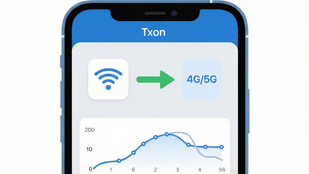 �����л�ʾ��ͼ������Ϊ�����ֻ���Ļ����Ļ����ʾTxon�������棬������չʾWi-Fi��4G/5G��������ͼ�꣬����ͼ��֮����һ���Զ��л��ļ�ͷ����ͷΪ��ɫ������Ϊǳ��ɫ�������·��������ٶ�����ͼ�����岼����������ƽ�������ɫ��Ϊ��ɫ�Ͱ�ɫ��ϸ��Բ�󣬻��ʸɾ��޶���Ԫ�ء�