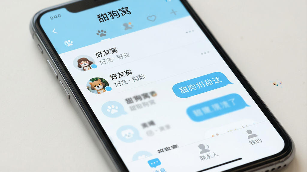 һ�������ֻ���Ļ��д����Ļ����ʾһ����Ϊ�����ѡ����罻App�����棬�����������£���ǳ���Ͱ�ɫΪ��ɫ����������ʾ�����ѡ��������·��Ǻ����б����������ݣ��ײ��С���Ϣ��������ϵ�ˡ������ҵġ�����ѡ������岼�����������ʸɾ���������ͣ��޶���Ԫ�ء�
