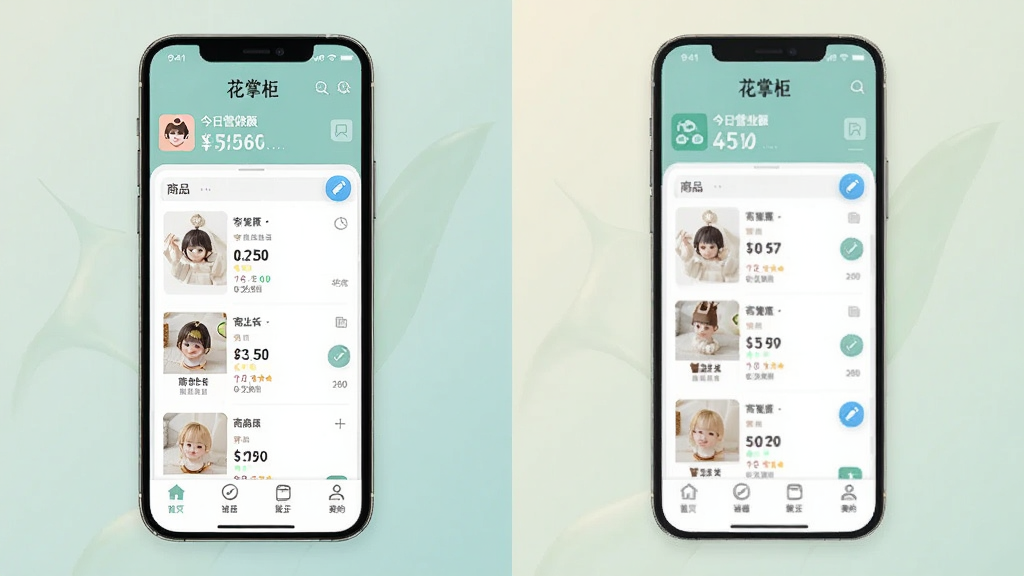 图片展示“花掌柜”App的完整主界面,手机屏幕内显示顶部店铺名称和今日营业额,中间商品列表带编辑按钮,底部四个导航标签,整体风格简洁现代,背景淡雅,画质干净无多余元素。