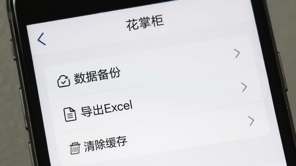 手机屏幕上展示“花掌柜”的设置页面,包含“数据备份”、“导出Excel”、“清除缓存”等选项,背景简洁,文字清晰,风格实用,画质干净。