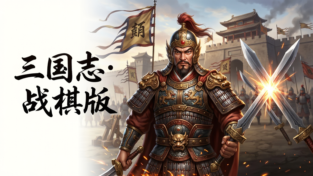 主体:《三国志战棋版》游戏主视觉图,居中展示一名威风凛凛的将军与身后整齐的军队方阵,背景是宏大的古代城池战场。布局:将军位于画面黄金分割点,左侧留白处用古朴书法字体写着“三国志战棋版”,右侧展示刀剑相交的动感光影。排版:主体突出,文字与人物错落有致,层次分明。风格:写实细腻的国风手绘结合3D渲染,色彩浓郁,对比鲜明。细节:将军盔甲上的纹路清晰可辨,旗帜飘动、火星飞溅,远处有投石车和城墙剪影。画质:超清分辨率,干净无多余元素,适合做游戏宣传封面。