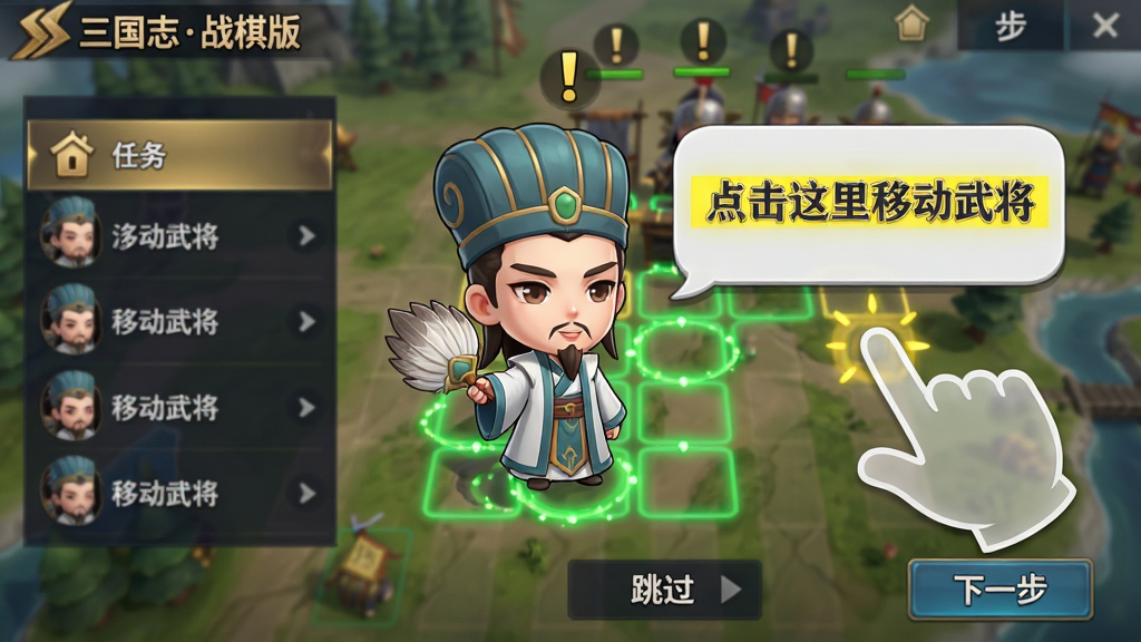 主体:《三国志战棋版》游戏新手引导界面截图,屏幕上有一个卡通诸葛亮正在说话,气泡框提示“点击这里移动武将”。布局:画面左侧是任务列表,右侧是半透明的教学手指动画。排版:教学提示用亮黄色高亮显示,背景模糊处理,突出指引。风格:Q版与写实结合,色彩明亮,氛围轻松。细节:地图上有绿色闪烁的移动格子,武将头顶有感叹号,界面下方有“跳过”和“下一步”按钮。画质:高清,干净无多余元素。