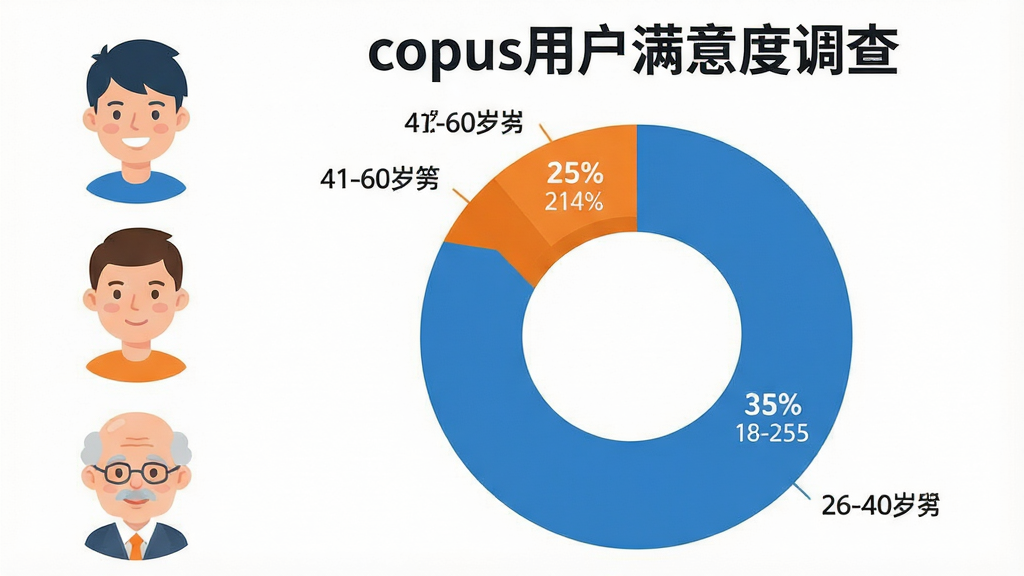 һ����ƽ����Ƶ���Ϣͼ��������Ϊ��copus�û�����ȵ��顱��������һ��Բ����״ͼ����ʾ�����18-25��ռ35%��26-40��ռ45%��41-60��ռ20%��ͼ�����������������ͨ����ͷ�񣬷ֱ�������ꡢ����������û�Ⱥ�壬������ɫΪ��ɫ�ͳ�ɫ������Ϊ���ף��Ű����������ʸɾ��޶���Ԫ�ء�