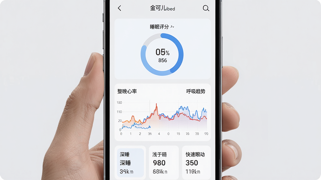 ͼƬչʾ����ɶ�ibed��App��˯�߱���ҳ�棬����Ϊ�ֻ�������ͼ����Ļ�Ϸ���ʾ��˯�����֡��ͻ���ͼ���м�Ϊ����������������������ߣ��·��г���˯��ǳ˯�������۶���ʱ�����ݣ�����Ϊǳ��ɫ�����䵭��ɫ���ݿ�Ƭ�������������������ʸɾ����޶���Ԫ��