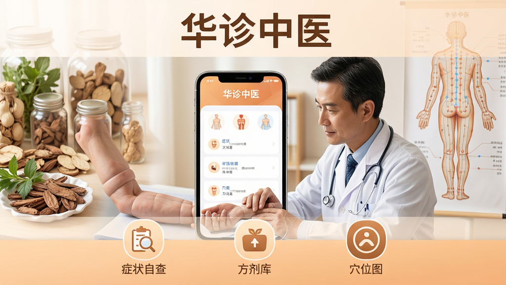 ���壺������ҽAPP��������չʾ��ҽ������Ϊ���߰�����������в�ҩ�;���ͼ�����֣��Ϸ���ʾ��������ҽ���������м����ֻ������ͼ���·���֢״�Բ顢�����⡢Ѩλͼ��ͼ�ꡣ�Ű棺�����ֲ㣬���η���������ִ�ҽ�Ʒ磬�º͵�ůɫ��������ɾ��޶���Ԫ�ء�ϸ�ڣ���������������ͼ��Բ��ҽ������רע�����ʣ����壬�����������