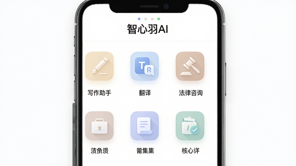 ��������չʾ��������AI��Ӧ�õĹ����б�ҳ�棬�������������š�д�����֡��������롱����������ѯ����ͼ�꣬ͼ��ɫ����ͣ�����Ϊ����ɫ�����岼������������Լ��ϸ�ھ��£����ʸɾ��޶���Ԫ�ء�
