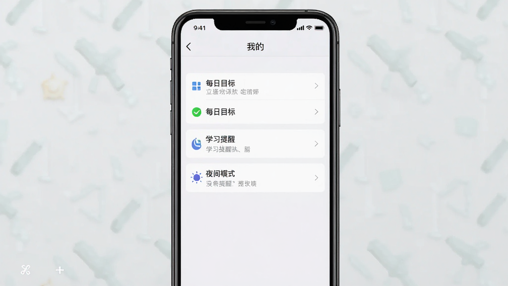 ����һ����ʱ����APP��ʹ�ý̳̽�ͼ���������ֻ���������ʾ���ҵġ�����ҳ�棬����ÿ��Ŀ�ꡢѧϰ���ѡ�ҹ��ģʽ��ѡ������������Ű����������࣬ϸ����ʵ�����ʸɾ��޶���Ԫ�ء�