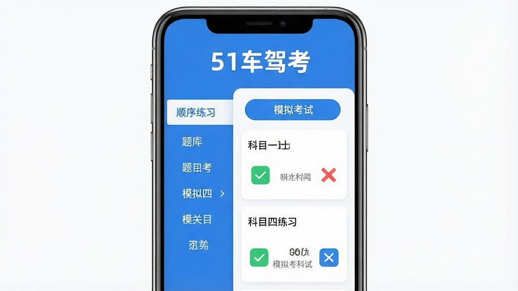 ���壺�ֻ���Ļչʾ51���ݿ�App���棬�Ϸ���ʾ��51���ݿ����������·��ǿ�Ŀһ�Ϳ�Ŀ�ĵ���ϰ���б���������ɫ�Թ��ͺ�ɫ���ͼ�ꡣ���֣��ֻ����У�UI�������������Ϊ������˵����Ҳ�Ϊ���������Ű棺�����࣬��ťԲ����������������ִ���ƽ����ƣ�ɫ��������Ϊ����ϸ�ڣ���Ļ����ʾ��˳����ϰ������ģ�⿼�ԡ���ť�����ʸɾ��޶���Ԫ�ء�