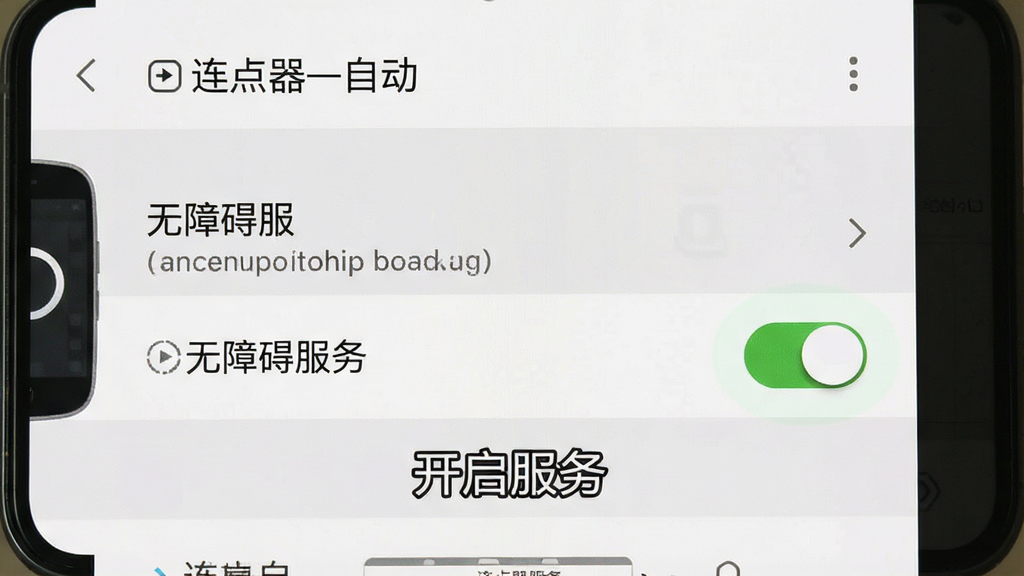 一张手机截图,展示“连点器自动”在设置中开启“无障碍服务”的界面,高亮显示开关按钮,配上文字“开启服务”,背景为系统设置界面,风格简洁,画质干净无多余元素