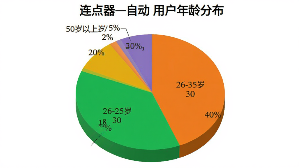 一张饼状图,展示“连点器自动”用户年龄分布,18-25岁占40%,26-35岁占35%,36-50岁占20%,50岁以上占5%,配色鲜艳,图表清晰,画质干净无多余元素