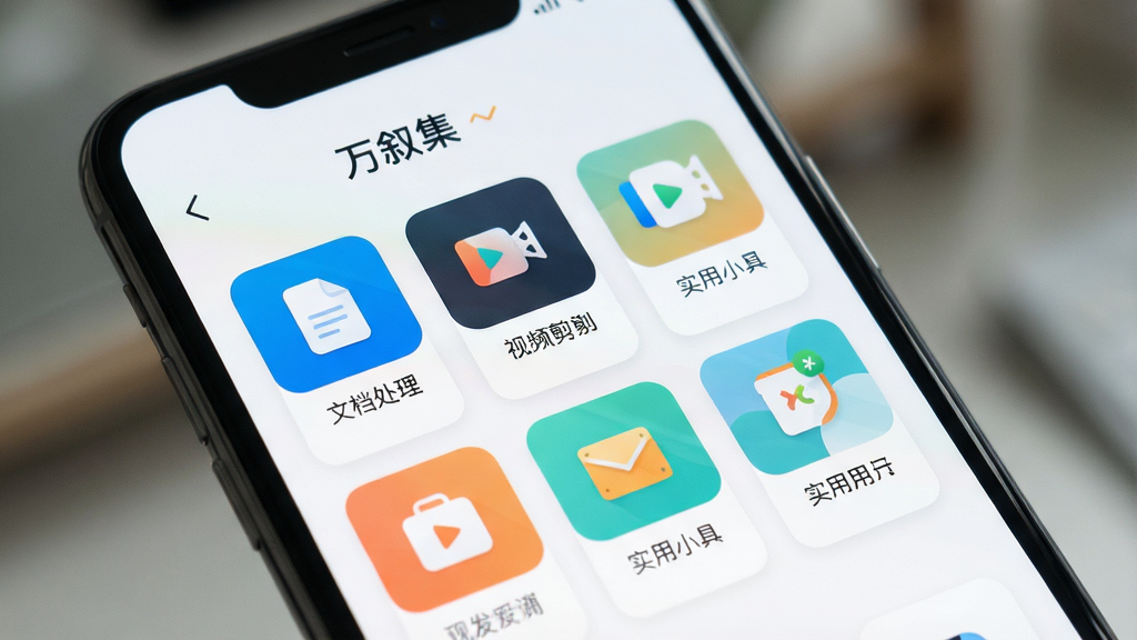 一张手机屏幕的特写,屏幕上清晰显示“万叙集”APP的主界面,界面采用现代简约的卡片式布局,各种功能图标如文档处理、视频剪辑、实用小工具等整齐排列,色彩清新明快,整体风格干净、专业,背景虚化,突出屏幕内容,画质高清,无多余元素