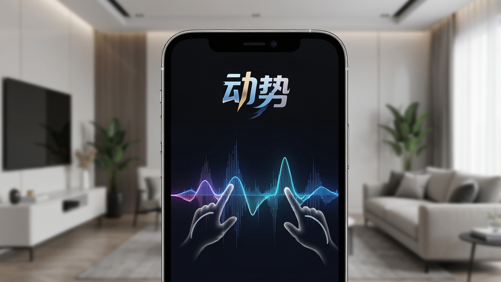 图片展示“动势”应用的主界面,主体是一部智能手机屏幕特写,屏幕上显示动态波形和“动势”二字Logo,背景是模糊的现代客厅环境,布局以手机为中心,排版简洁,风格写实科技感,细节包括屏幕上的手势轨迹线条,画质高清干净无多余元素。