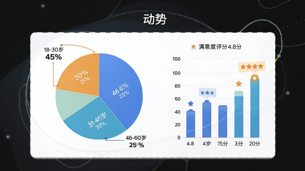 图片展示“动势”用户评价数据图表,主体是饼状图,分为18-30岁占45%、31-45岁占30%、46-60岁占25%,以及柱状图显示满意度评分4.8分,布局图表居中,排版专业简洁,风格现代数据可视化,细节包括百分比标签和评分星级,画质清晰干净无多余元素。