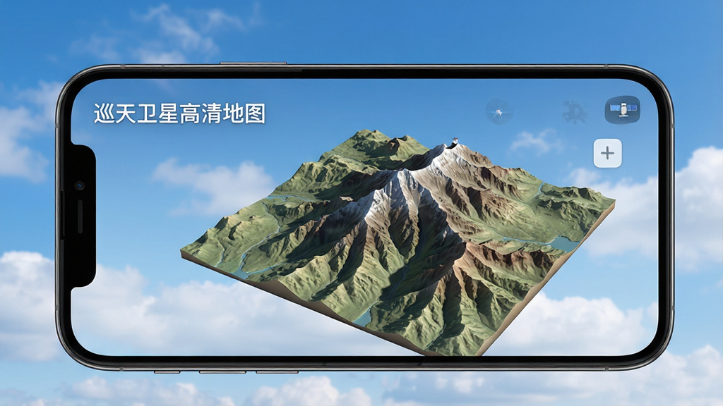图片描述:手机屏幕显示3D地形图,山体有立体阴影效果,左侧有“巡天卫星高清地图”文字标识,背景为蓝天白云,界面简洁,色彩真实,画质清晰