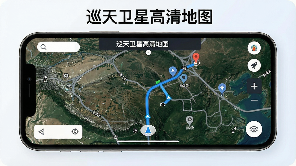 图片描述:手机横屏显示卫星地图导航界面,画面中有路线规划和地标标注,屏幕上方有“巡天卫星高清地图”字样,风格简洁明亮,画质干净