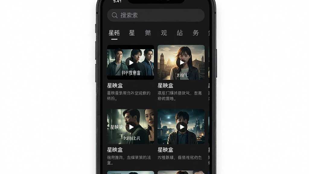 一张展示“星映盒”应用媒体库界面的手机截图,界面采用深色主题,以网格形式展示多个视频缩略图,每个缩略图下方有电影名称和简介,顶部有搜索框和分类标签,整体布局清晰,风格现代扁平,突出软件名称“星映盒”,画质干净无多余元素。