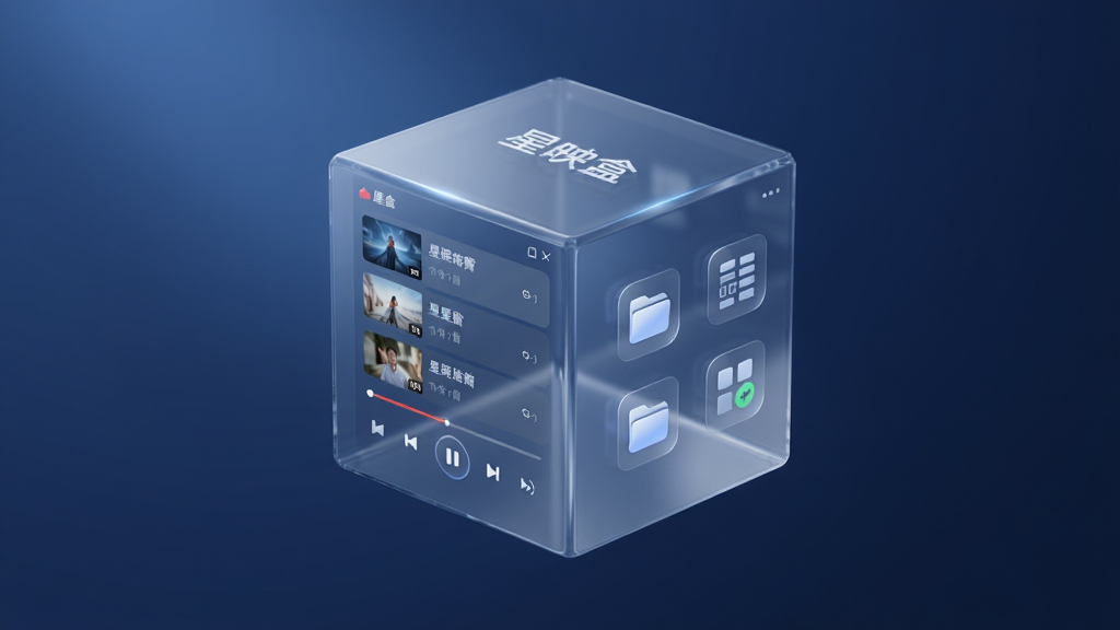 一张展示“星映盒”应用全貌的3D渲染图,画面中央是一个悬浮的透明科技感立方体,立方体表面浮现出播放器界面,包含视频列表、播放控制按钮、文件管理图标,背景是柔和的深蓝色渐变,光线通透,整体风格现代简约,突出软件名称“星映盒”,画质干净无多余元素。