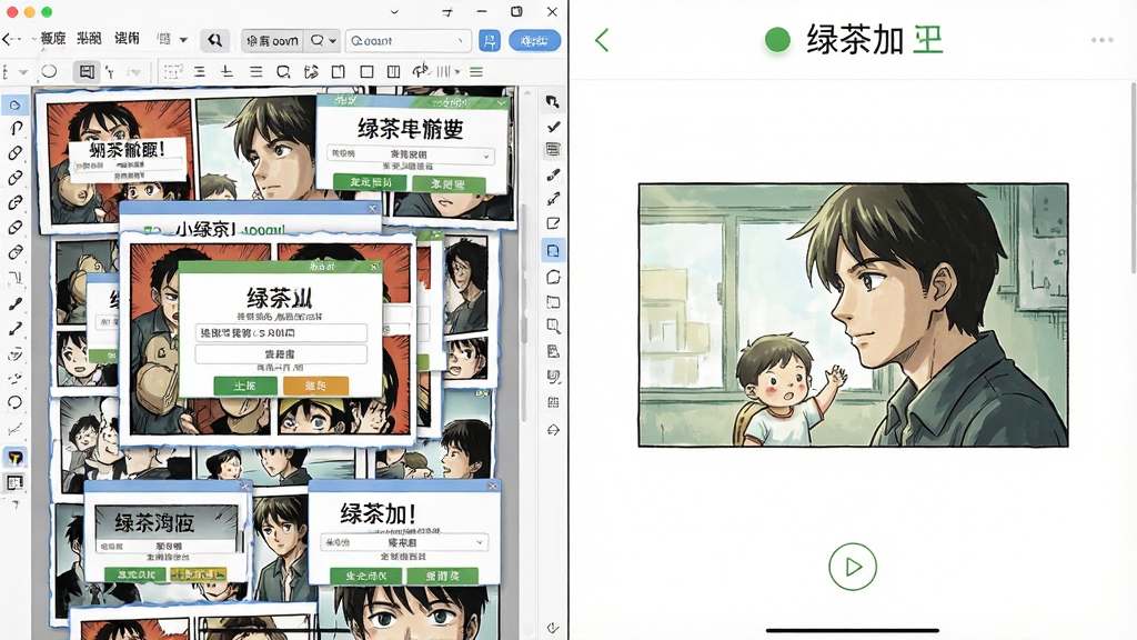 一张对比风格的插图,左边是杂乱无章的漫画软件界面,带有大量弹窗广告,右侧是“绿茶加”的阅读界面,纯白背景,只有干净的漫画图片和简洁的翻页按钮,排版整洁,风格明亮清晰,画质干净无多余元素