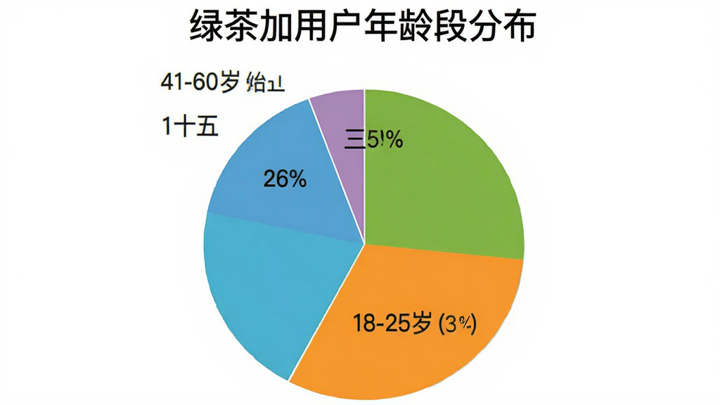 一个简洁的饼状图统计图,标题为“绿茶加用户年龄段分布”,图中分为18-25岁约占百分之四十,26-40岁约占百分之三十五,41-60岁约占百分之二十五,配色清晰明快,背景为纯白,画面干净无多余元素