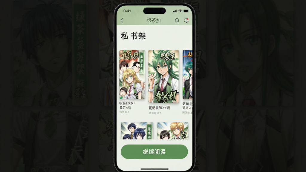 一幅手机应用界面设计图,展示“绿茶加”的私人书架,上面陈列着几本显示“更新至第XX话”的漫画封面,界面下方有一个醒目的“继续阅读”按钮,整体布局简洁,色彩柔和,扁平化设计,画质干净无多余元素