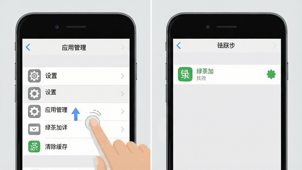 一张手机操作示意图解,画面分为两步,第一步点击“设置”中的“应用管理”,第二步找到“绿茶加”并点击“清除缓存”,整体风格为简洁的扁平化插图,背景为浅灰色,画质清晰干净,无多余元素