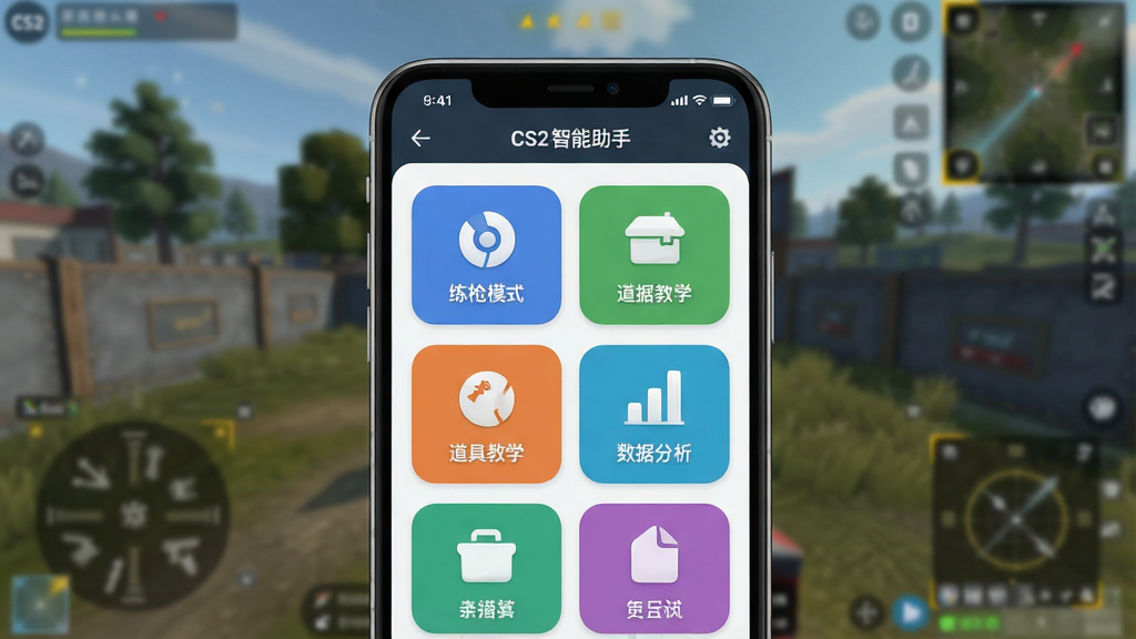 一张展示CS2智能助手主界面的高清图片,画面中央是手机屏幕特写,屏幕内显示CS2智能助手的操作面板,包含“练枪模式”、“道具教学”、“数据分析”等彩色图标,背景是CS2游戏地图的模糊场景,整体布局清晰,风格现代扁平,细节圆润,画质干净无多余元素