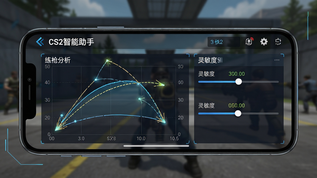 一张展示CS2智能助手练枪功能的图片,主体是手机横屏界面,显示着“CS2智能助手”的练枪分析图表,界面中有弹道轨迹曲线和灵敏度调节滑块,背景是CS2射击训练场的模糊画面,布局直观,风格科技感,细节包含数据标注,画质干净无多余元素