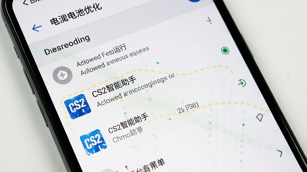 一张展示CS2智能助手在手机上运行时的后台管理界面,主体是手机设置中的电池优化列表,显示“CS2智能助手”被允许后台运行,布局简洁,风格实用,细节突出白名单状态,画质干净无多余元素