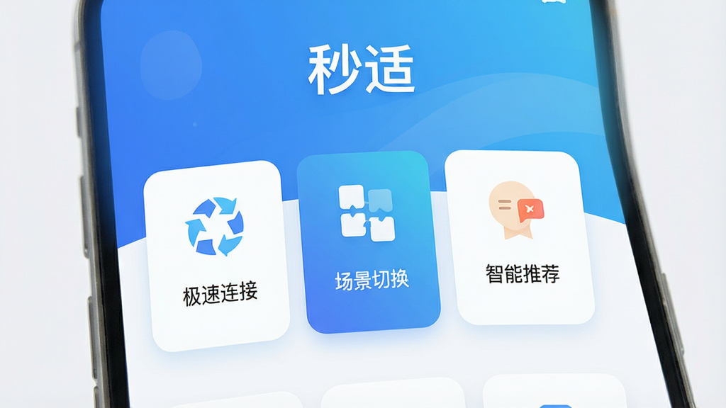 一张智能手机屏幕的特写,屏幕中央显示“秒适”APP的主界面,界面风格简洁现代,以蓝白渐变为主色调,主界面有“极速连接”、“场景切换”、“智能推荐”三个卡片式功能入口,图标扁平化,背景干净,画质高清,无多余元素。